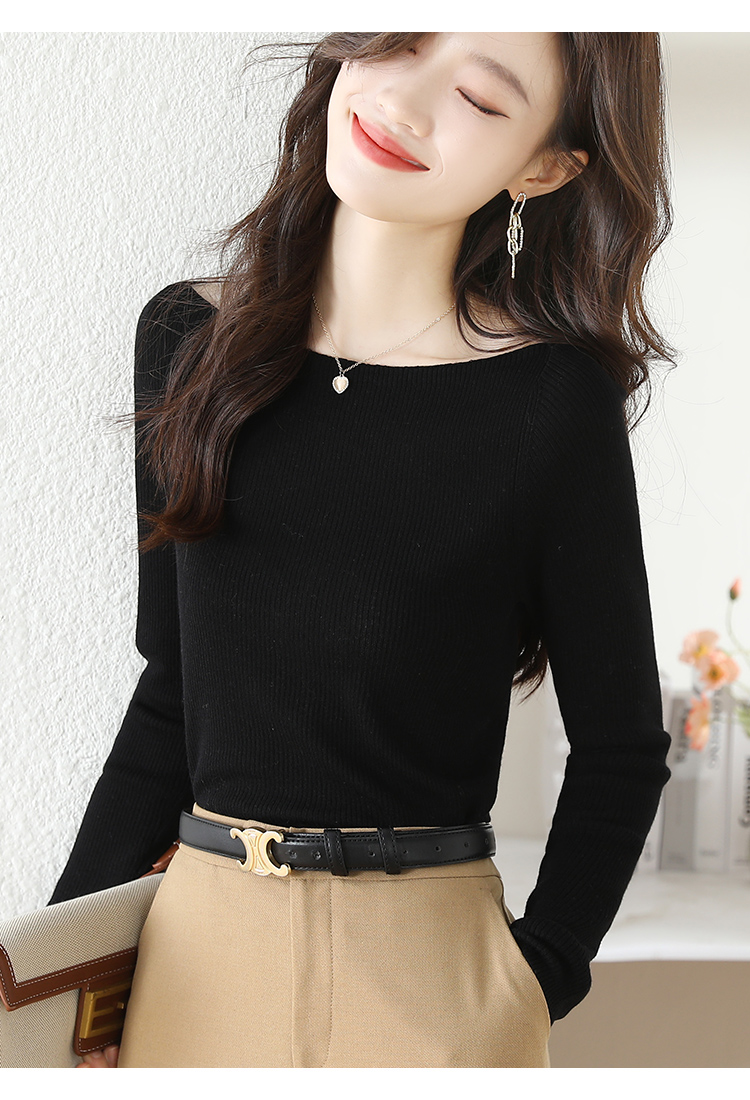 One line collar long sleeved t-shirt for women's spring 2024 new fashionable int