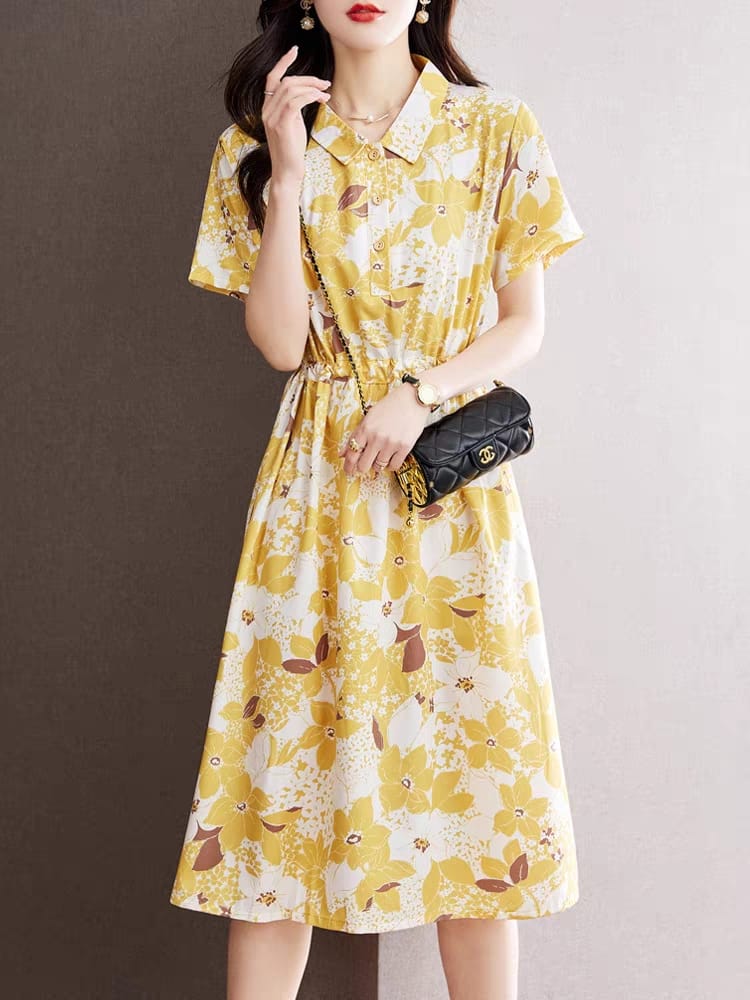 High-end yellow women's dress summer short-sleeved 2024 new style