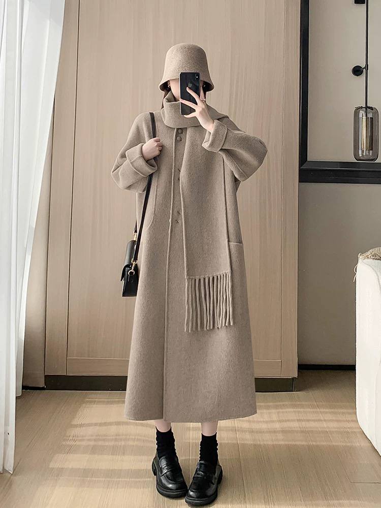 Fashionable mid-length double-faced cashmere coat