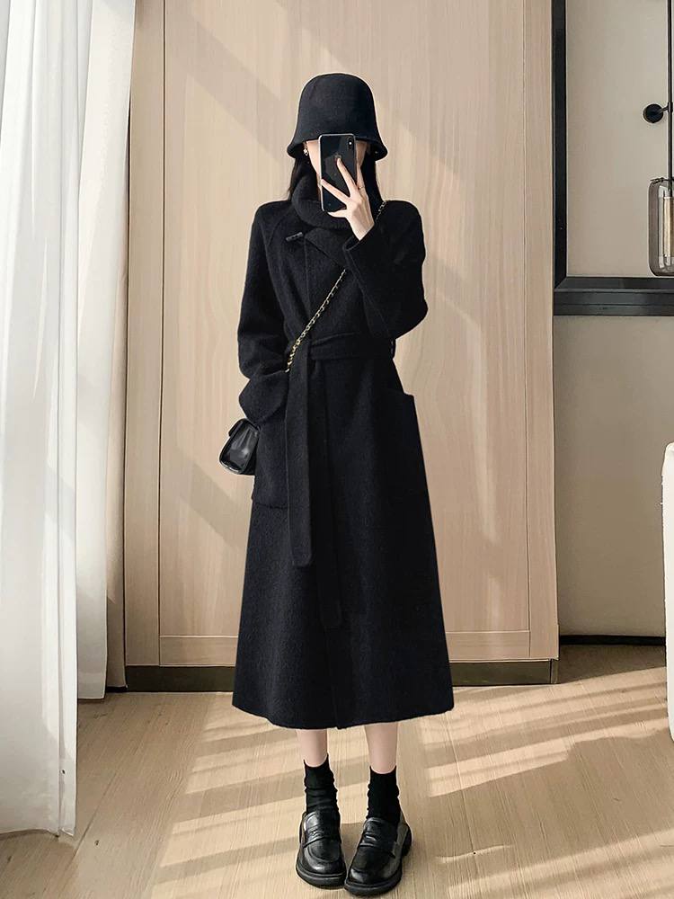 Fashionable mid-length double-faced cashmere coat