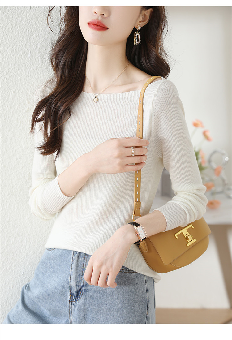 One line collar long sleeved t-shirt for women's spring 2024 new fashionable int