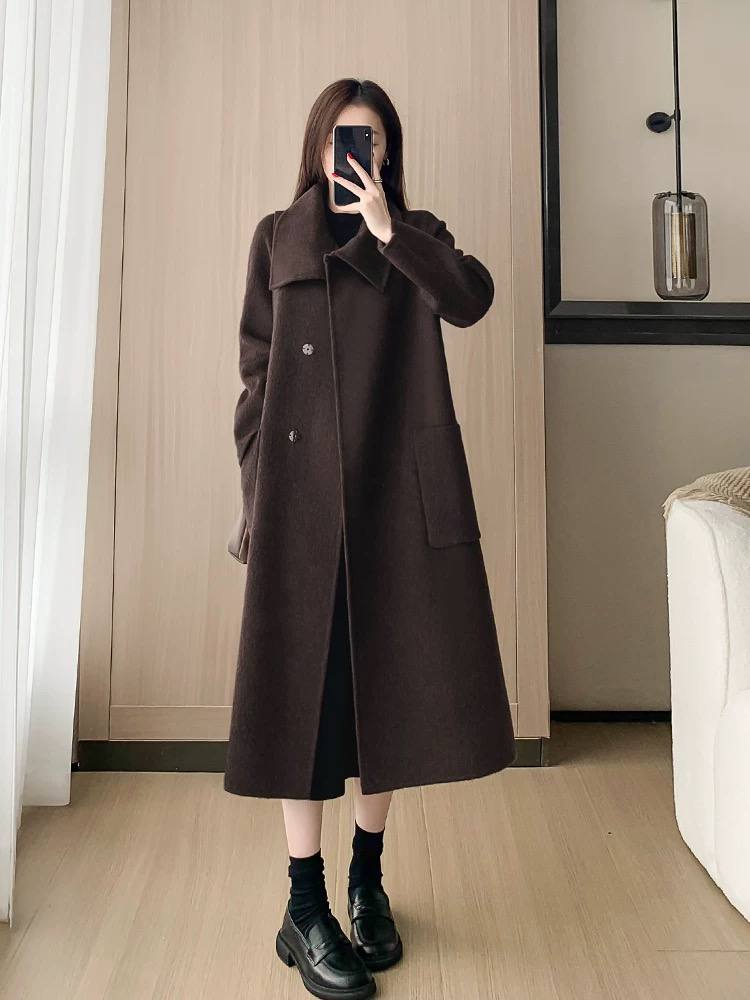 Fashionable mid-length double-faced cashmere coat