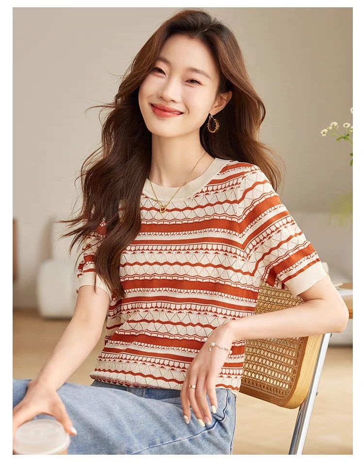 Ice silk short-sleeved T-shirt 2024 new style top round neck