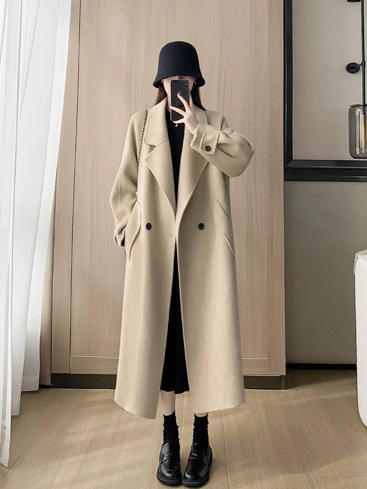 Fashionable mid-length double-faced cashmere coat
