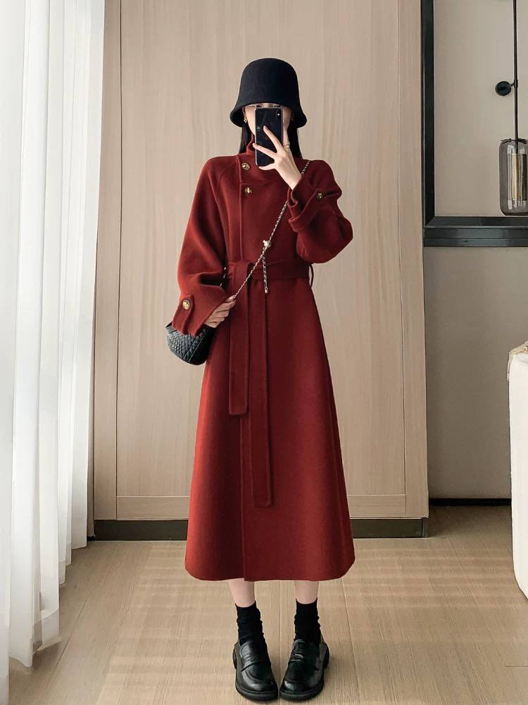 Fashionable mid-length double-faced cashmere coat