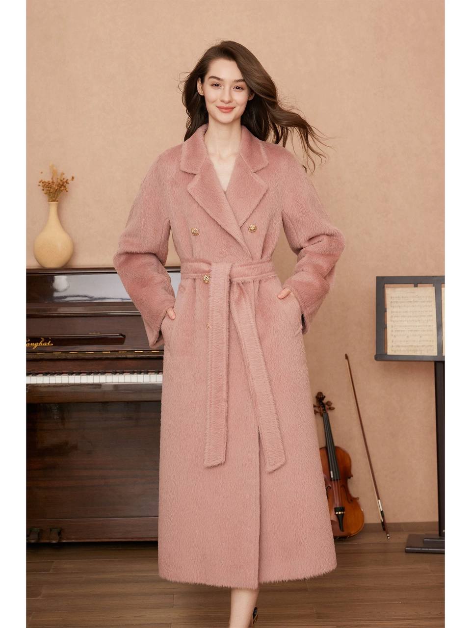 Fashionable mid-length double-faced cashmere coat