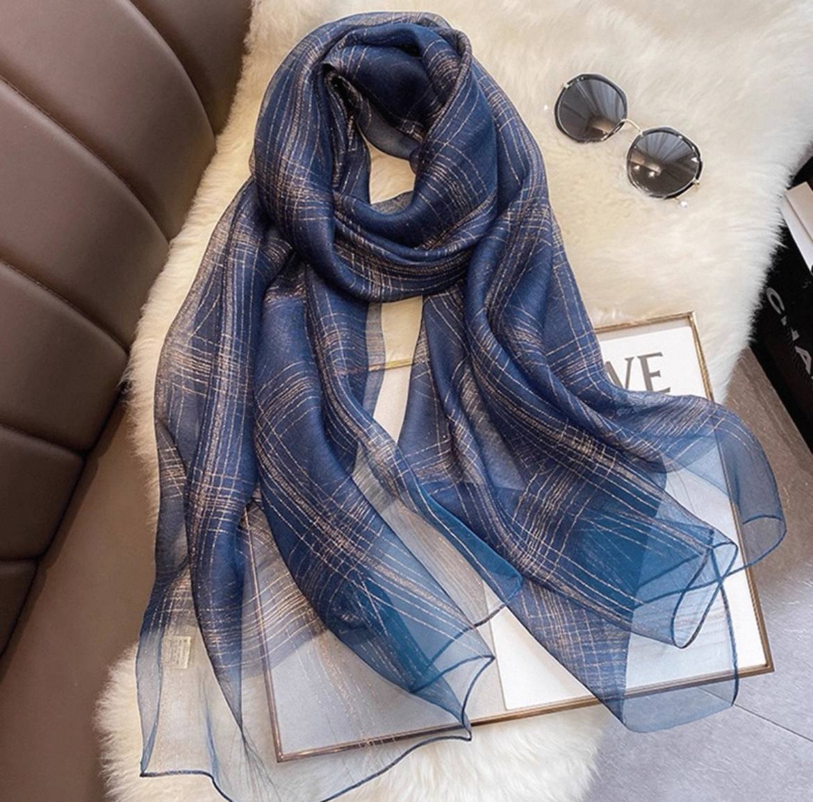 New silk gold and silver long shawl scarf