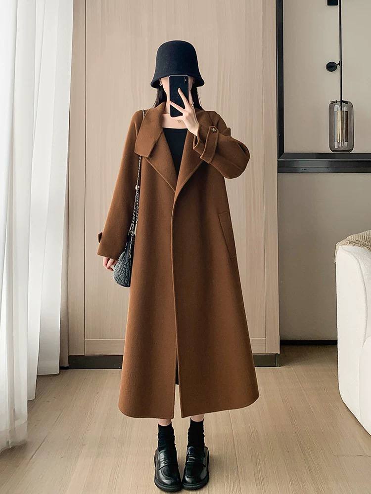 Fashionable mid-length double-faced cashmere coat