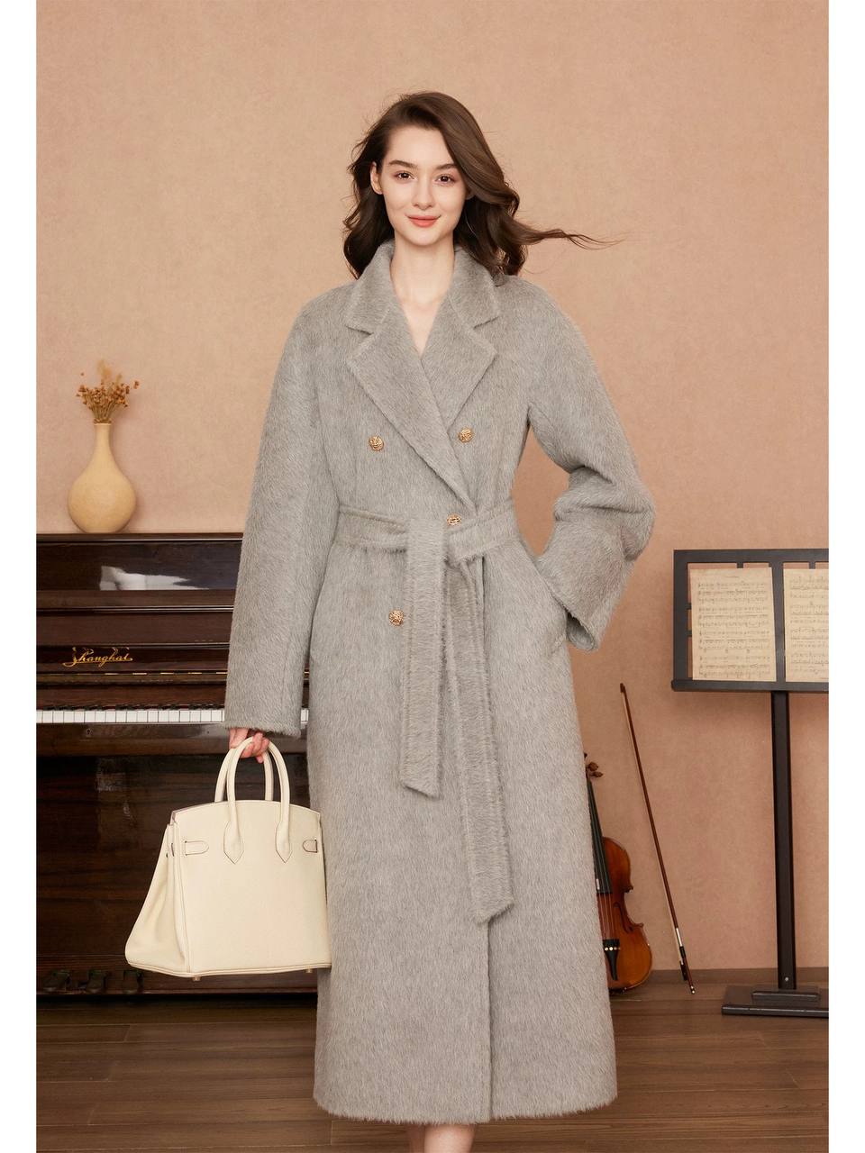Fashionable mid-length double-faced cashmere coat