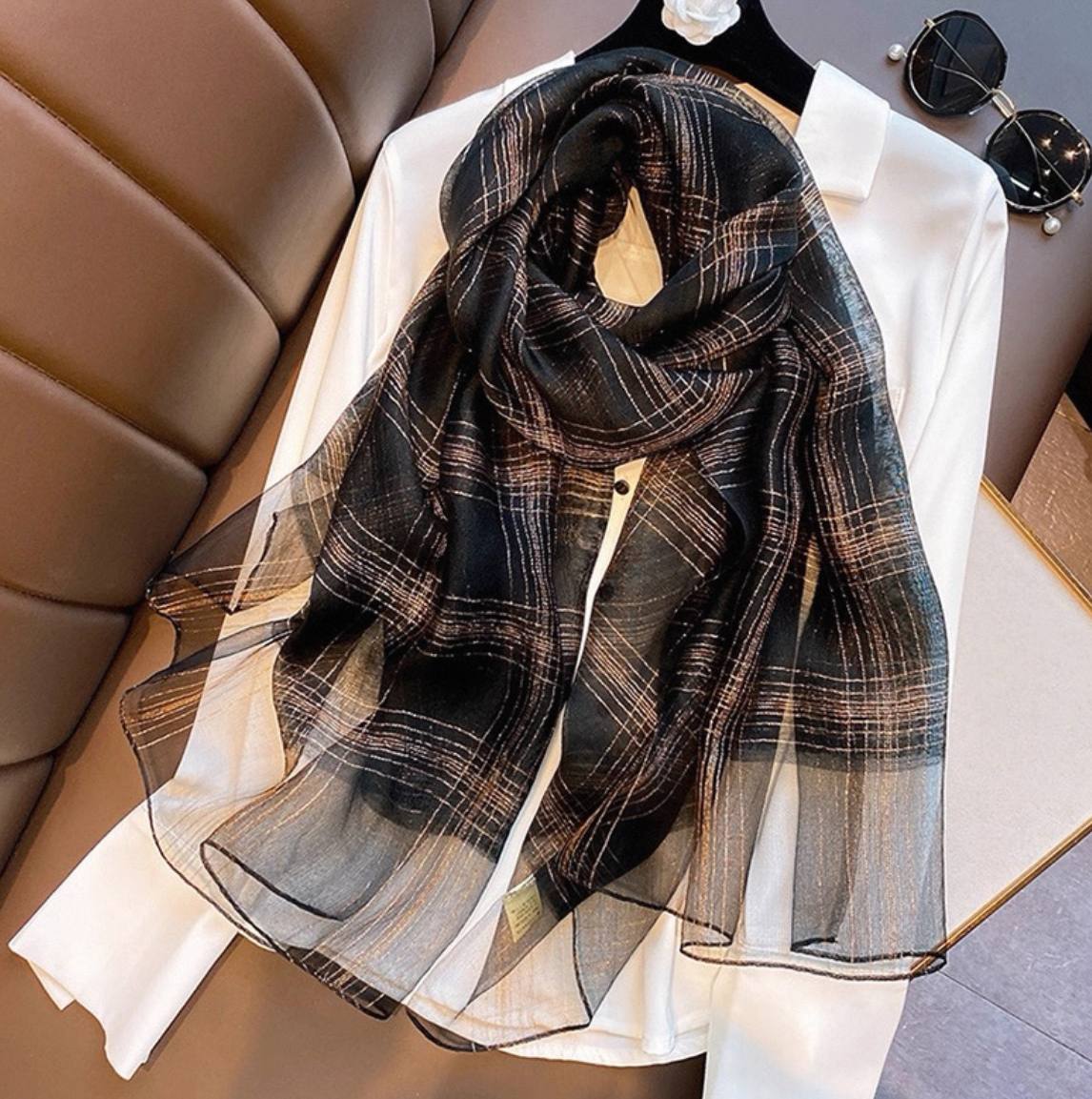 New silk gold and silver long shawl scarf