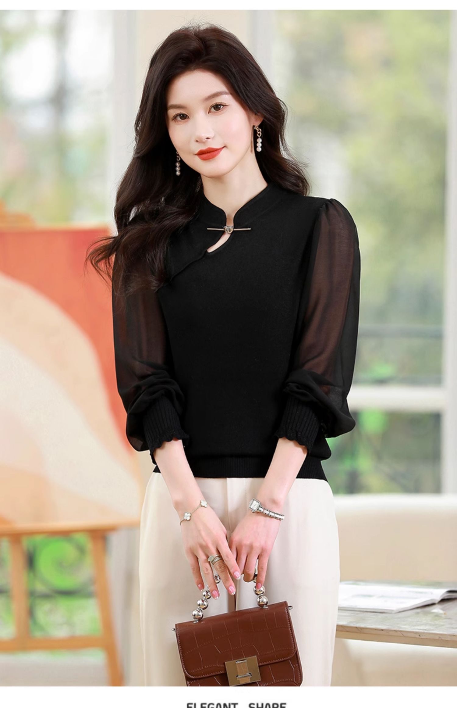 Bottom Shirt 2024 New Spring New Chinese Top Chinese Style Standing Collar Chiff
