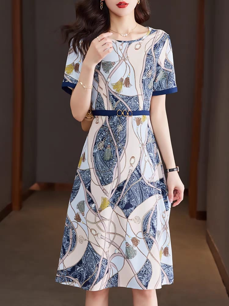High-end printed chiffon dress women's 2024 summer new style waist long skirt
