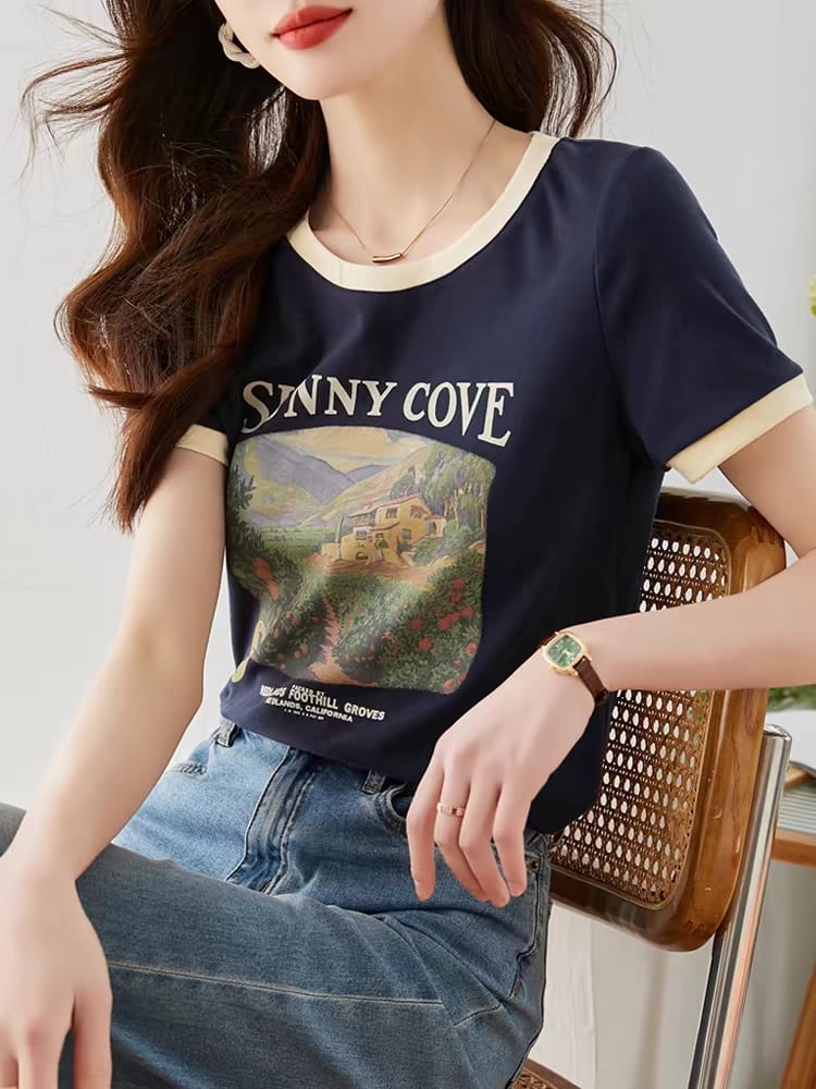 Short-sleeved T-shirt 2024 new style ice silk top round neck black