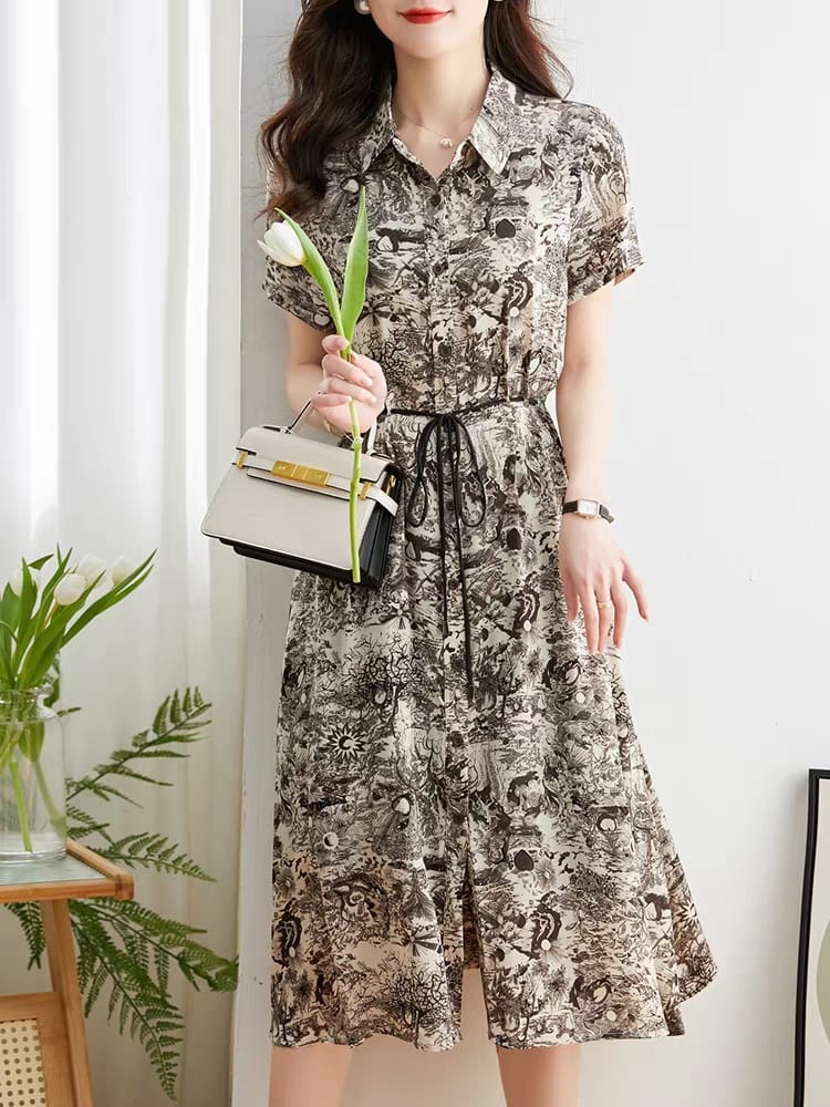 Printed Floral Women's Dress 2024 Summer Short Sleeve Long Dress