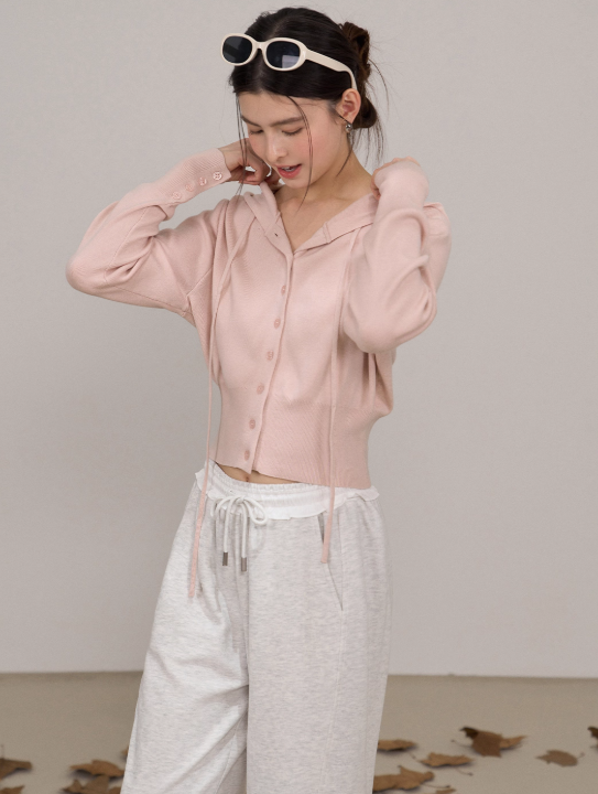 Pink Knitted Cardigan Women's New Coat Autumn Hoodie Drawstring V-neck Long