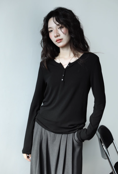 Grey semi open neck commuting simple slimming niche long sleeved t-shirt with wo