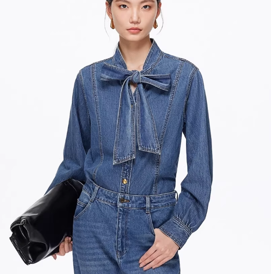 Autumn and winter new pure cotton bow tie design retro versatile denim shirt