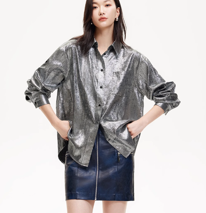 New glossy metallic pleated lapel functional shirt