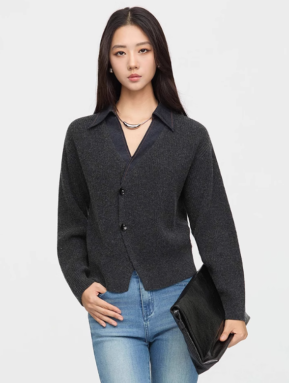 Autumn casual lapel contrasting color spliced cardigan knit sweater