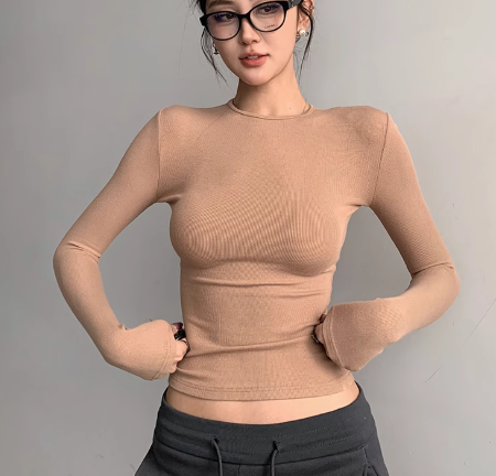 Solid color base shirt, women's round neck slim fit top, showing off figure, thr